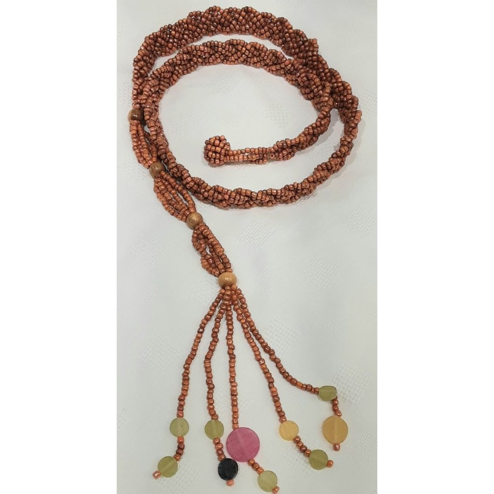 Seed Bead Woven Belt Orange Wood Beaded Fringe Boho